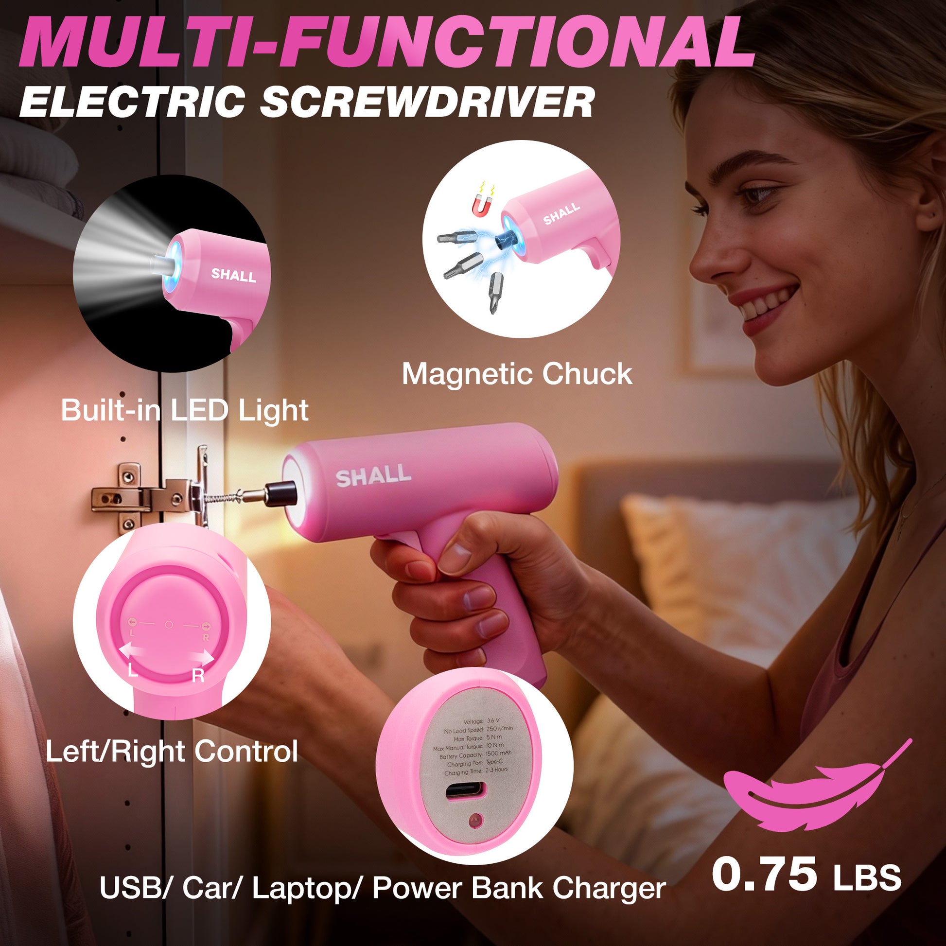 SHALL Pink Tool Set for Home, 168pcs Power Tool Set for Women with Electric Screwdriver & 14" Large Tool Bag Organizer