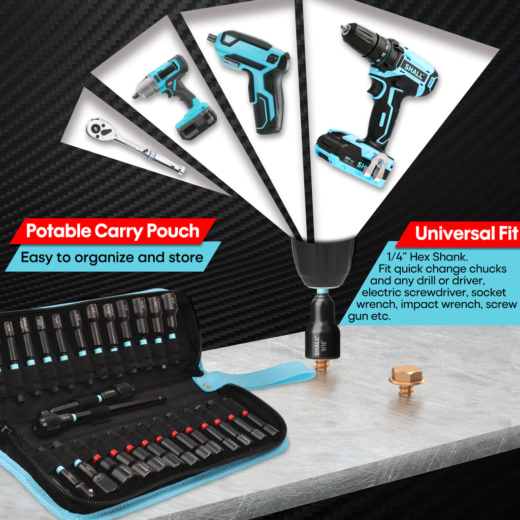 SHALL 29PCS Magnetic Nut Driver Set, Impact Drill Driver Bit 1/4" Hex Shank, SAE & Metric Cr-V Steel Power Nut Drivers with Quick-release Extensions, Impact Socket Adapters, Bit Holder and Storage Bag