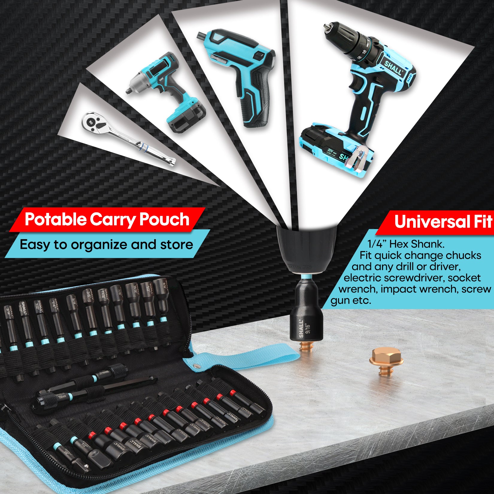 SHALL 29PCS Magnetic Nut Driver Set, Impact Drill Driver Bit 1/4" Hex Shank, SAE & Metric Cr-V Steel Power Nut Drivers with Quick-release Extensions, Impact Socket Adapters, Bit Holder and Storage Bag