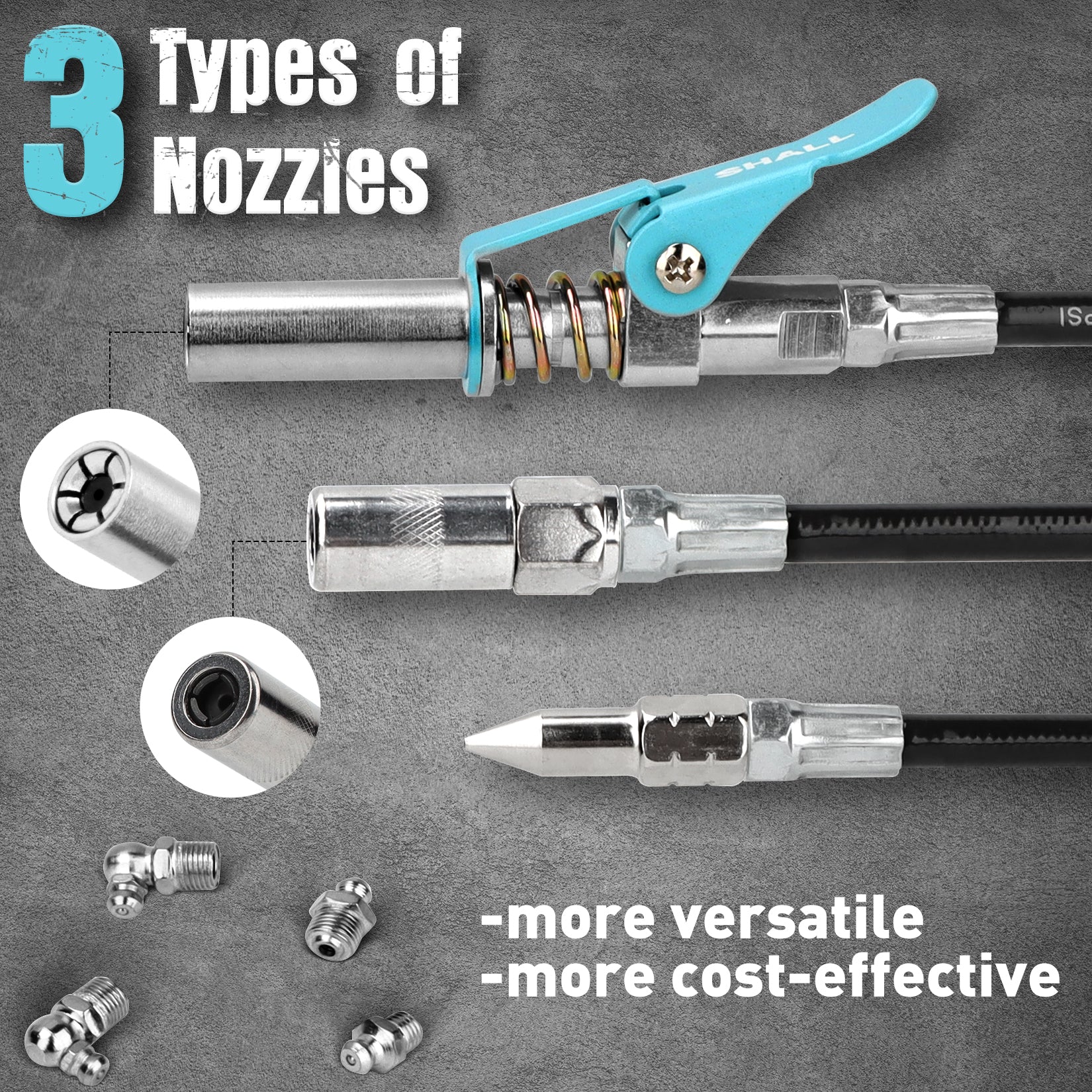 SHALL Grease Gun, 7000 PSI Heavy Duty Pistol Grip Grease Gun Kit w/Grease Gun Coupler, 18” Spring Flex Hose, Reinforced Coupler, 2 Extension Rigid Pipe, Sharp Nozzle, Fittings Cleaner | 14oz Load