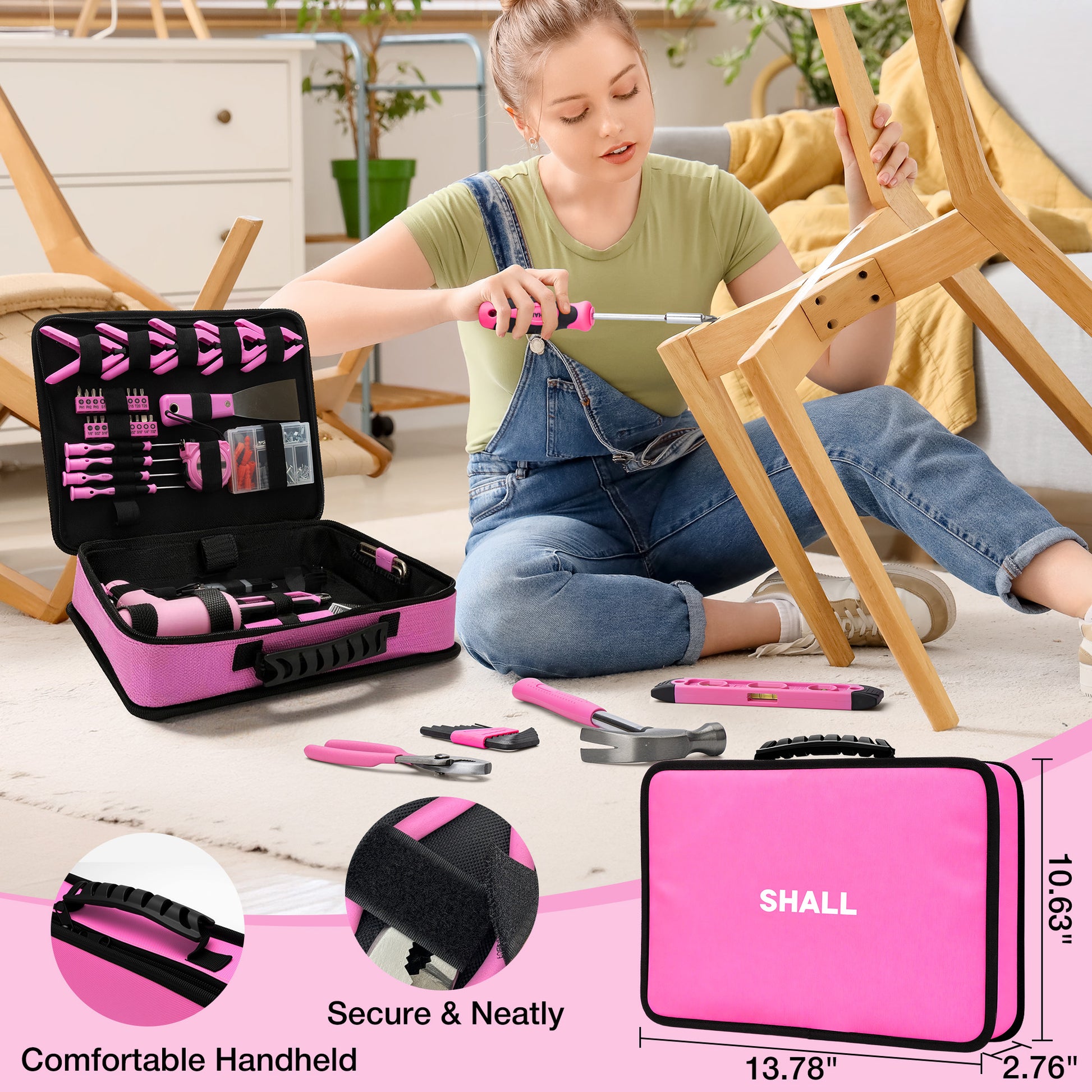 SHALL Pink Tool Set for Home, 168pcs Power Tool Set for Women with Electric Screwdriver & 14" Large Tool Bag Organizer