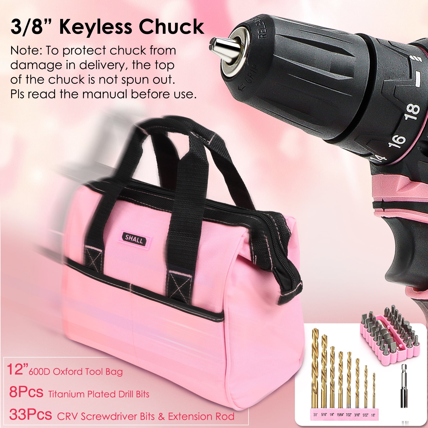SHALL 20V Cordless Drill Set, Power Drill Cordless, Pink Electric Drill with 34pcs Drill Bit Set
