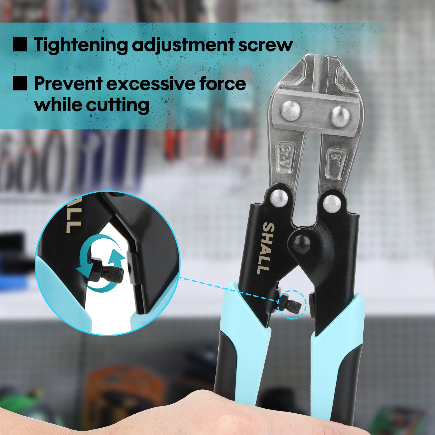 SHALL Mini Bolt Cutter, 210mm/8-inch Heavy Duty Wire Cutter, Two-Color Ergonomic Handle, Security Lock, More Efficient Leverage & Adjustable Opening, Belt Bag Included