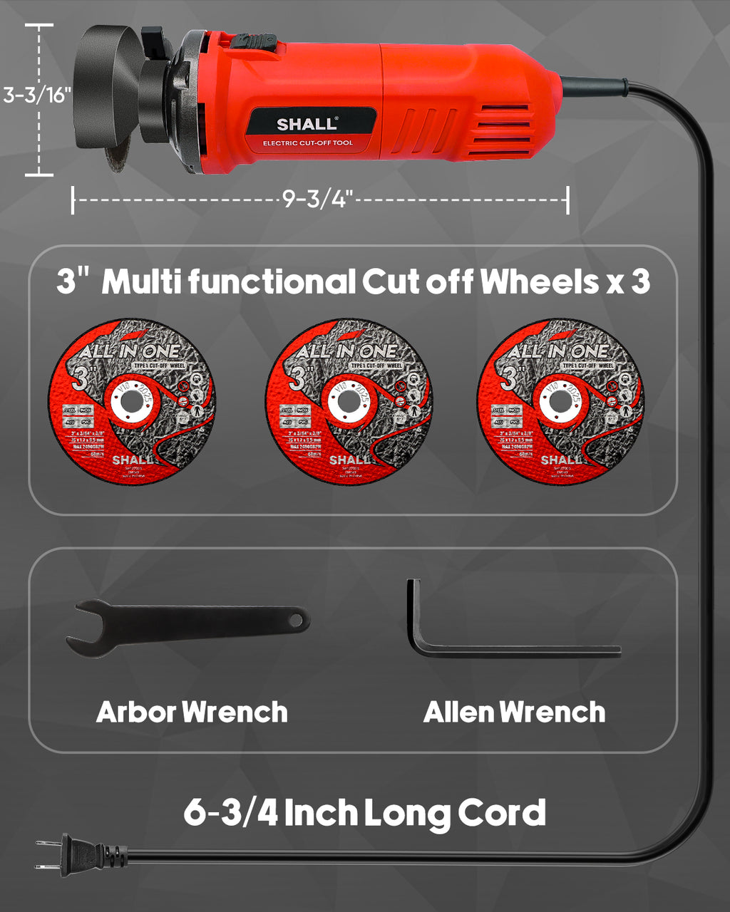 SHALL 3 Inch High-Speed Cut Off Tool, 3.5 Amp Metal Cutter Tool with 3Pcs Multifunctional Cut Off Wheels, 24000RPM Electricl Metal Cutting Tools for Steel, Inox, PVC