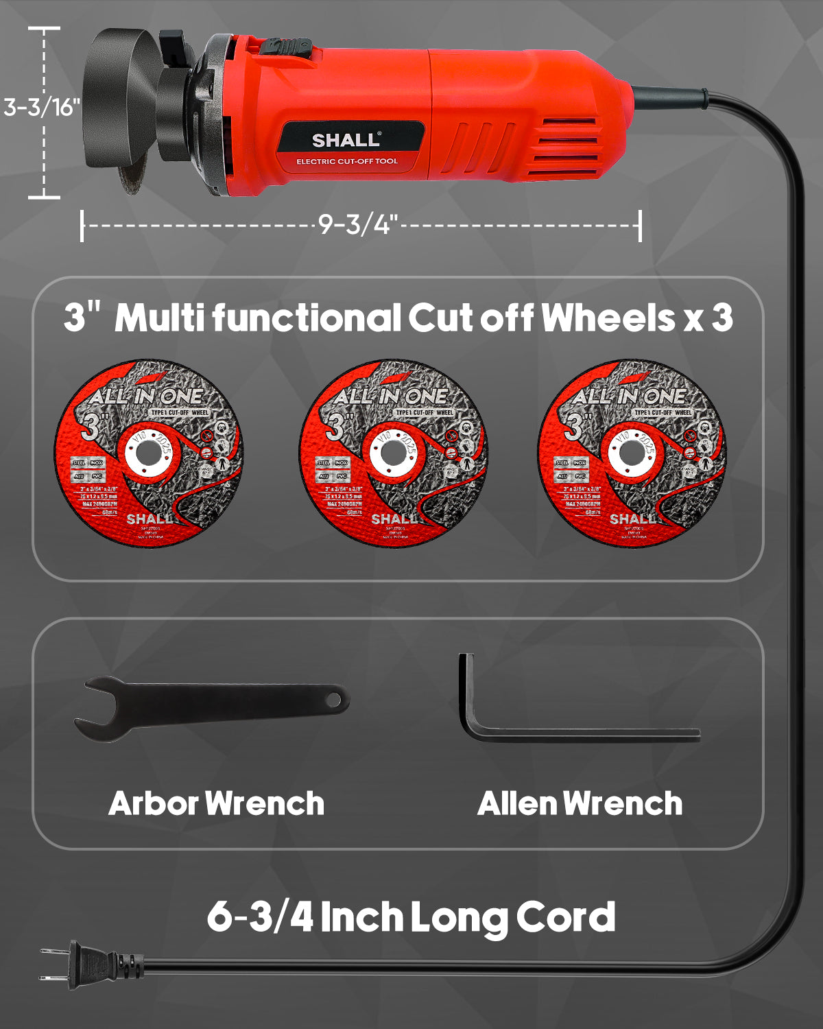 SHALL 3 Inch High-Speed Cut Off Tool, 3.5 Amp Metal Cutter Tool with 3Pcs Multifunctional Cut Off Wheels, 24000RPM Electricl Metal Cutting Tools for Steel, Inox, PVC