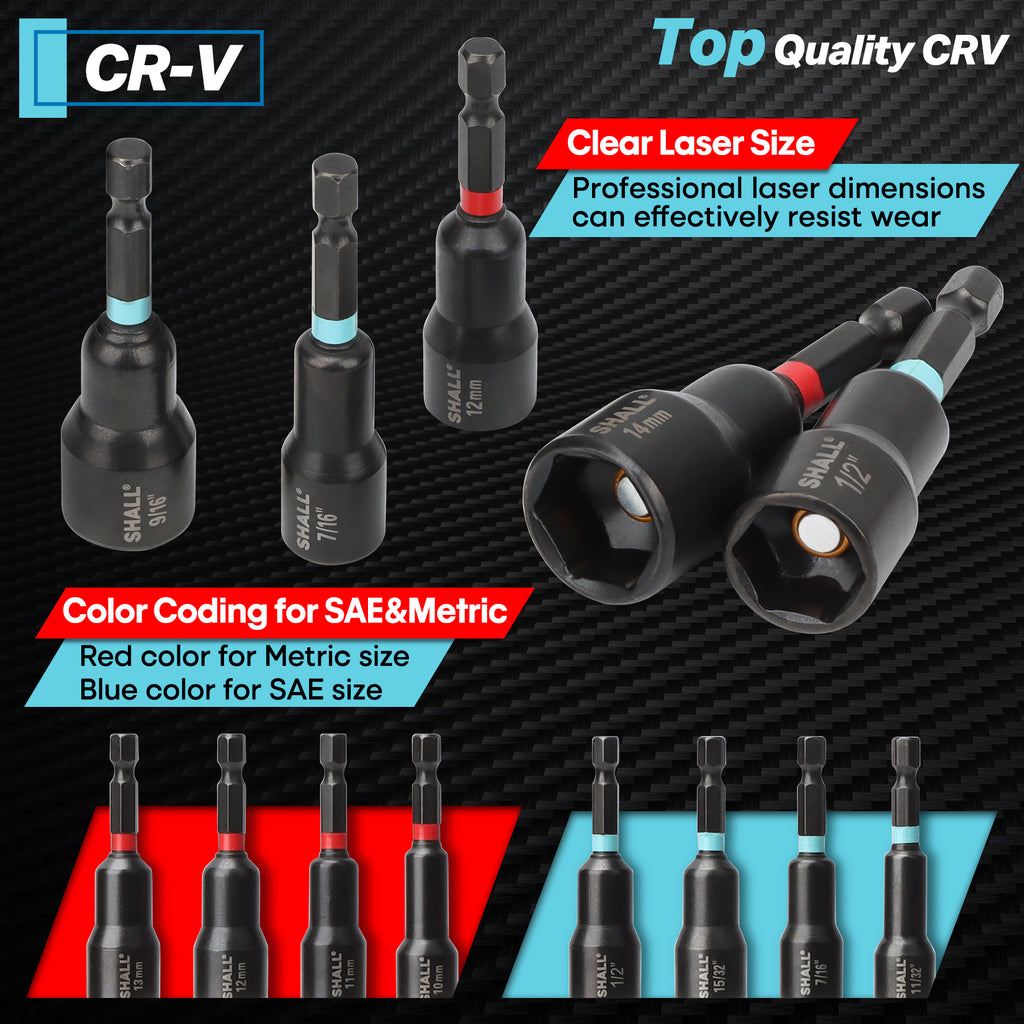 SHALL 29PCS Magnetic Nut Driver Set, Impact Drill Driver Bit 1/4" Hex Shank, SAE & Metric Cr-V Steel Power Nut Drivers with Quick-release Extensions, Impact Socket Adapters, Bit Holder and Storage Bag