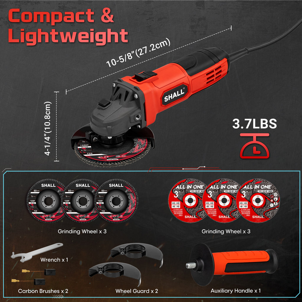 SHALL 4-1/2 Inch 11000 RPM Angle Grinder 4Amp with 2 Guards, 3 Cutting Discs, 3 Grinding Wheel, Non-Slip Handle, Wrench and Carbon Brush for Metal and Wood