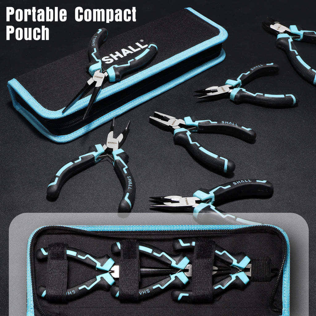 SHALL Mini Pliers Set, 6-Piece Small Pliers Tool Set Includes Needle Nose, Long Nose, Bent Nose, Diagonal, End Cutting and Linesman for Making Crafts, Electronic Repairing & Jewelry with Pouch