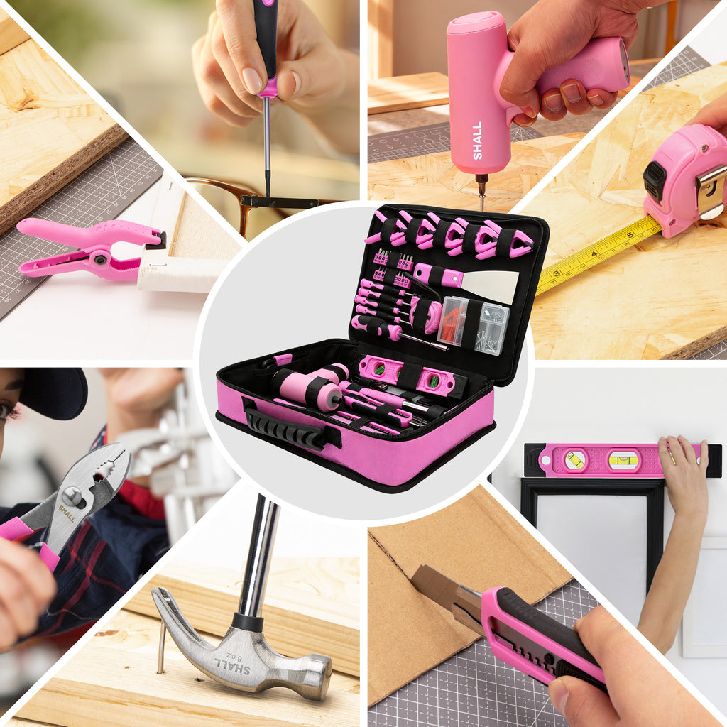 SHALL Pink Tool Set for Home, 168pcs Power Tool Set for Women with Electric Screwdriver & 14" Large Tool Bag Organizer