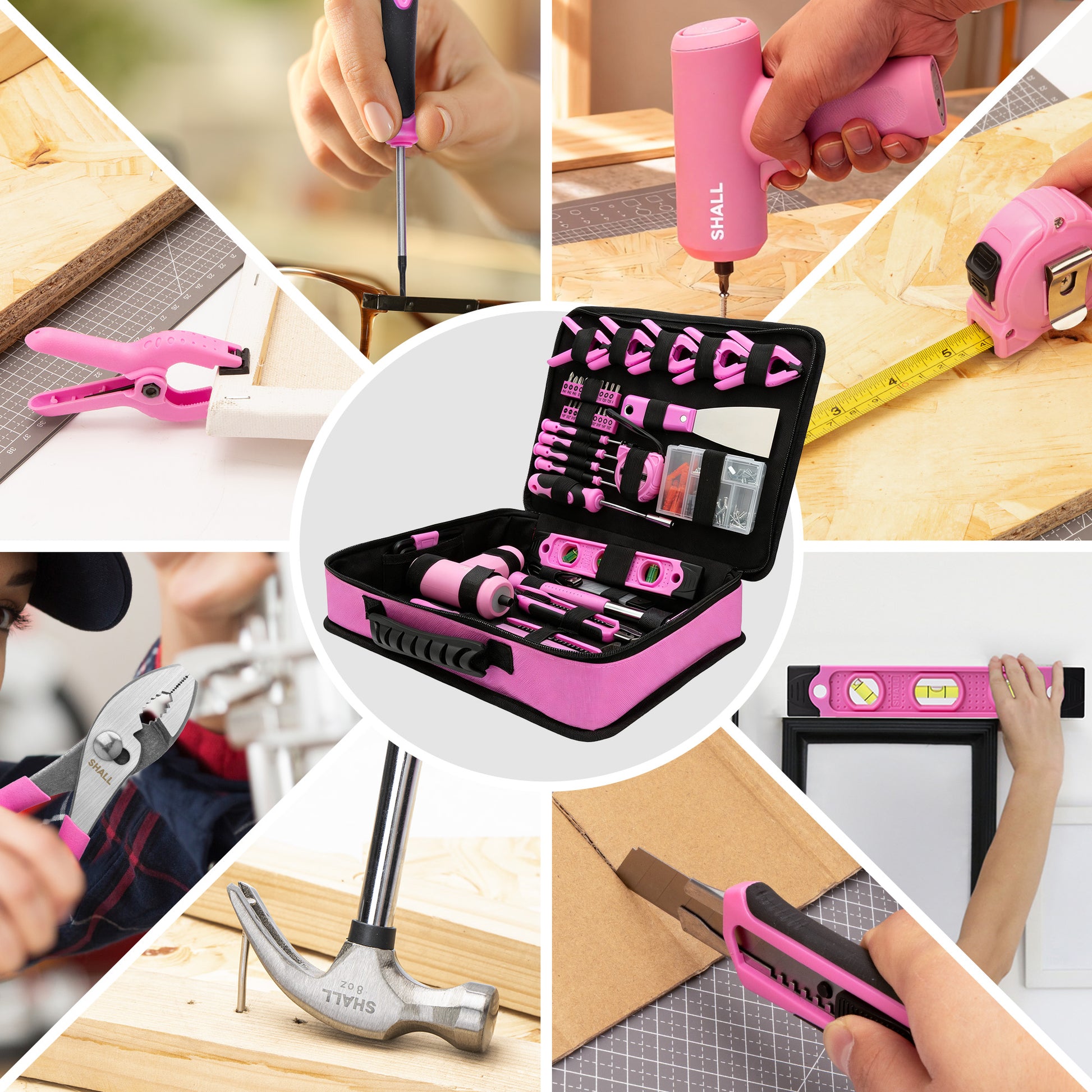 SHALL Pink Tool Set for Home, 168pcs Power Tool Set for Women with Electric Screwdriver & 14" Large Tool Bag Organizer
