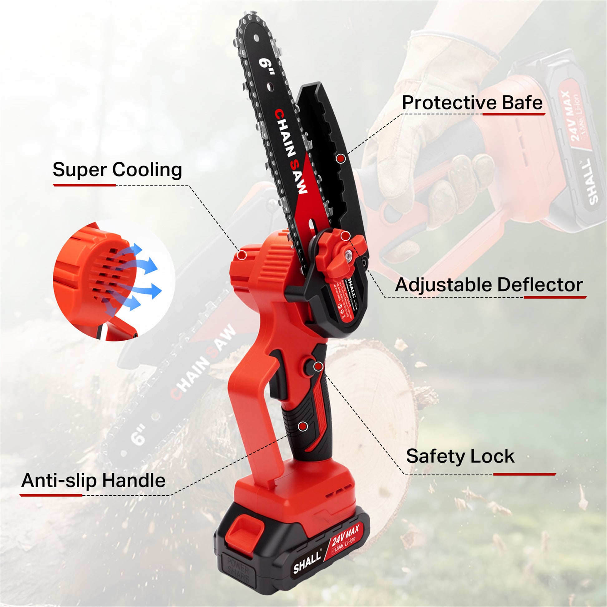 SHALL Mini Chainsaw Cordless 6 Inch & 4 Inch, 24V Portable Electric Chainsaw, Handheld ChainSaw 2 Batteries 4 Chains for Tree Branches,Courtyard,Household and Garden