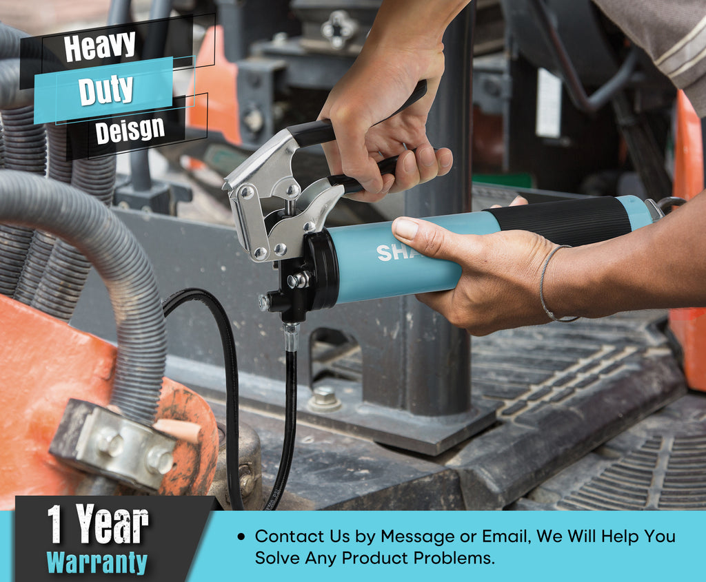 SHALL Grease Gun, 7000 PSI Heavy Duty Pistol Grip Grease Gun Kit w/Grease Gun Coupler, 18” Spring Flex Hose, Reinforced Coupler, 2 Extension Rigid Pipe, Sharp Nozzle, Fittings Cleaner | 14oz Load