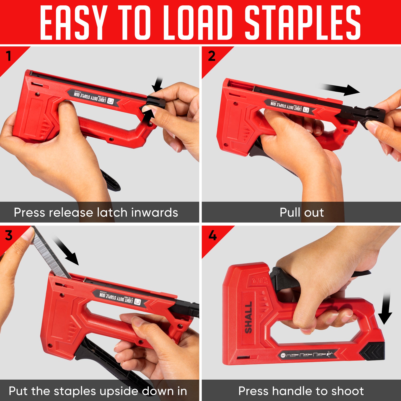 SHALL Light Duty Staple Gun for Wood - Red Upholstery Staple Gun with 1600pcs JT21 Staples 1/4, 5/16, 3/8 inch and Staple Remover - Fabric Stapler Gun for Crafts, DIY, Decoration