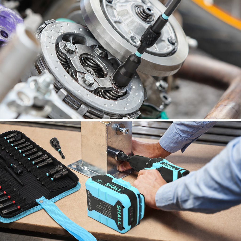 SHALL 29PCS Magnetic Nut Driver Set, Impact Drill Driver Bit 1/4" Hex Shank, SAE & Metric Cr-V Steel Power Nut Drivers with Quick-release Extensions, Impact Socket Adapters, Bit Holder and Storage Bag