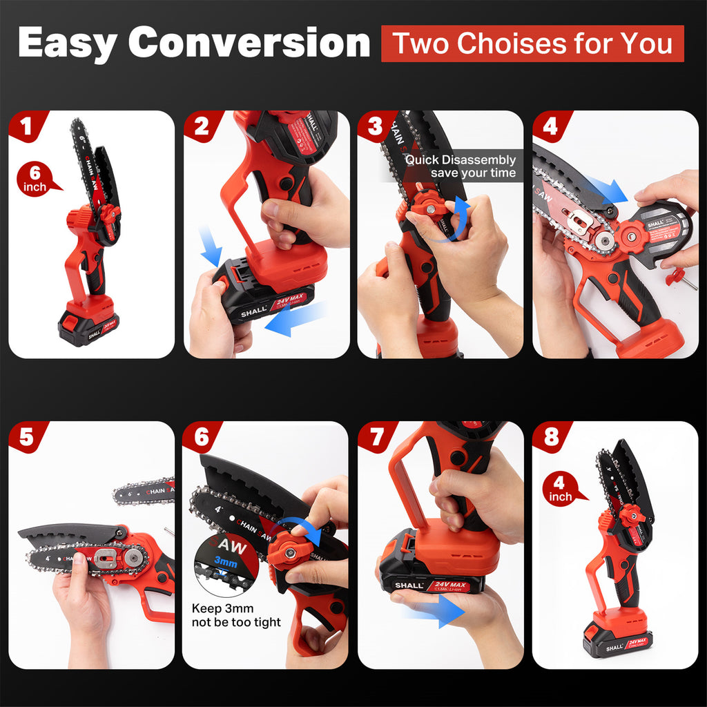 SHALL Mini Chainsaw Cordless 6 Inch & 4 Inch, 24V Portable Electric Chainsaw, Handheld ChainSaw 2 Batteries 4 Chains for Tree Branches,Courtyard,Household and Garden