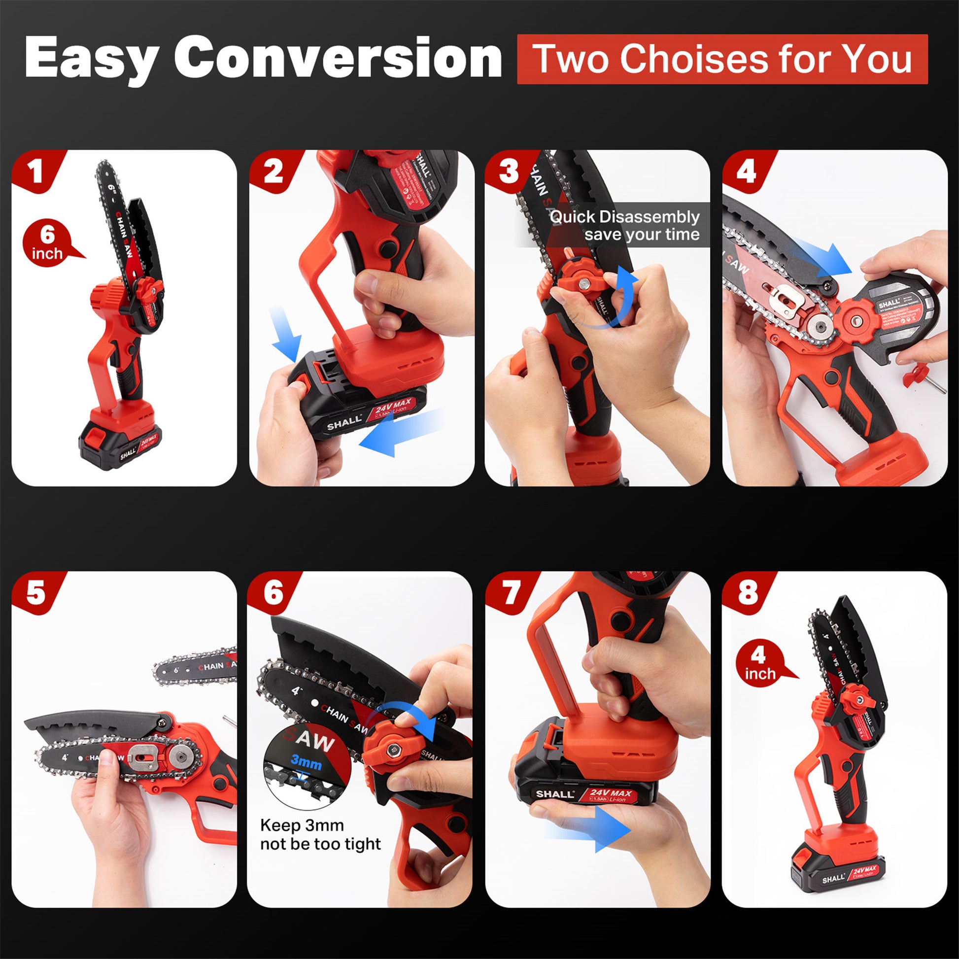 SHALL Mini Chainsaw Cordless 6 Inch & 4 Inch, 24V Portable Electric Chainsaw, Handheld ChainSaw 2 Batteries 4 Chains for Tree Branches,Courtyard,Household and Garden