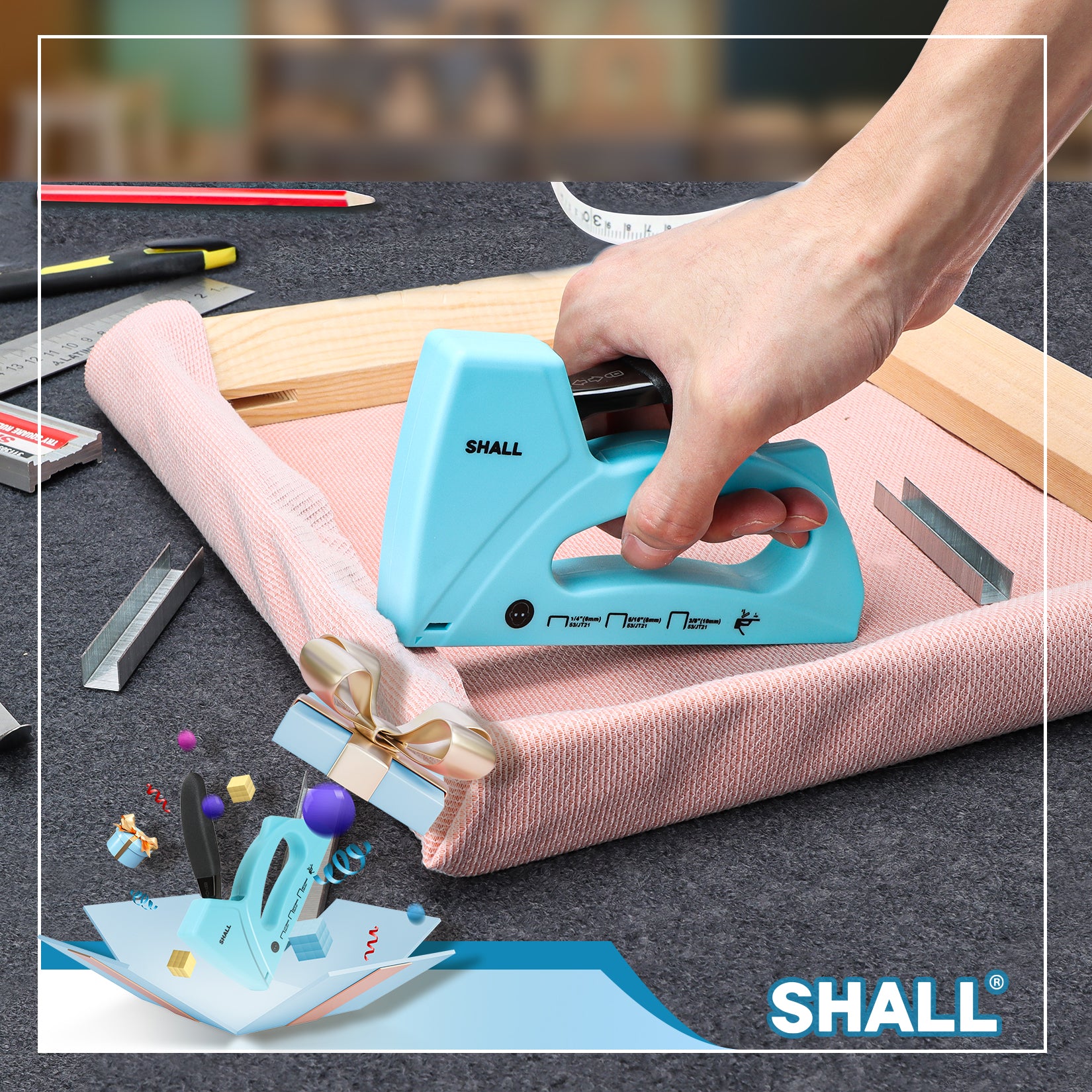 SHALL Light Duty Staple Gun for Wood - Upholstery Staple Gun with 1600pcs JT21 Staples 1/4, 5/16, 3/8 inch and Staple Remover - Fabric Stapler Gun for Crafts, DIY, Decoration