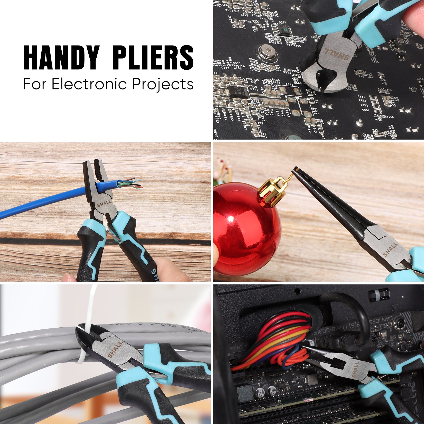 SHALL Mini Pliers Set, 6-Piece Small Pliers Tool Set Includes Needle Nose, Long Nose, Bent Nose, Diagonal, End Cutting and Linesman for Making Crafts, Electronic Repairing & Jewelry with Pouch