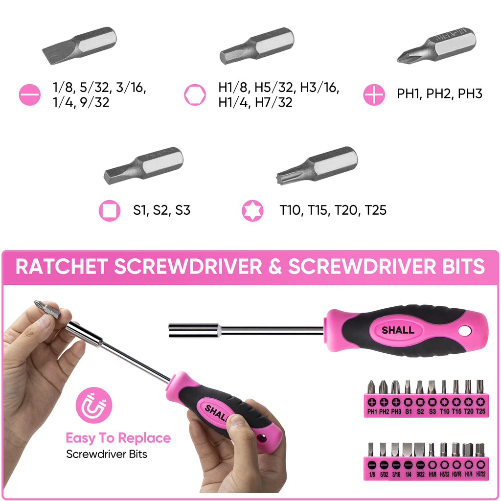 SHALL Pink Tool Set for Women, 166pcs Home Tool Kit with 12" Large Tool Bag Organizer