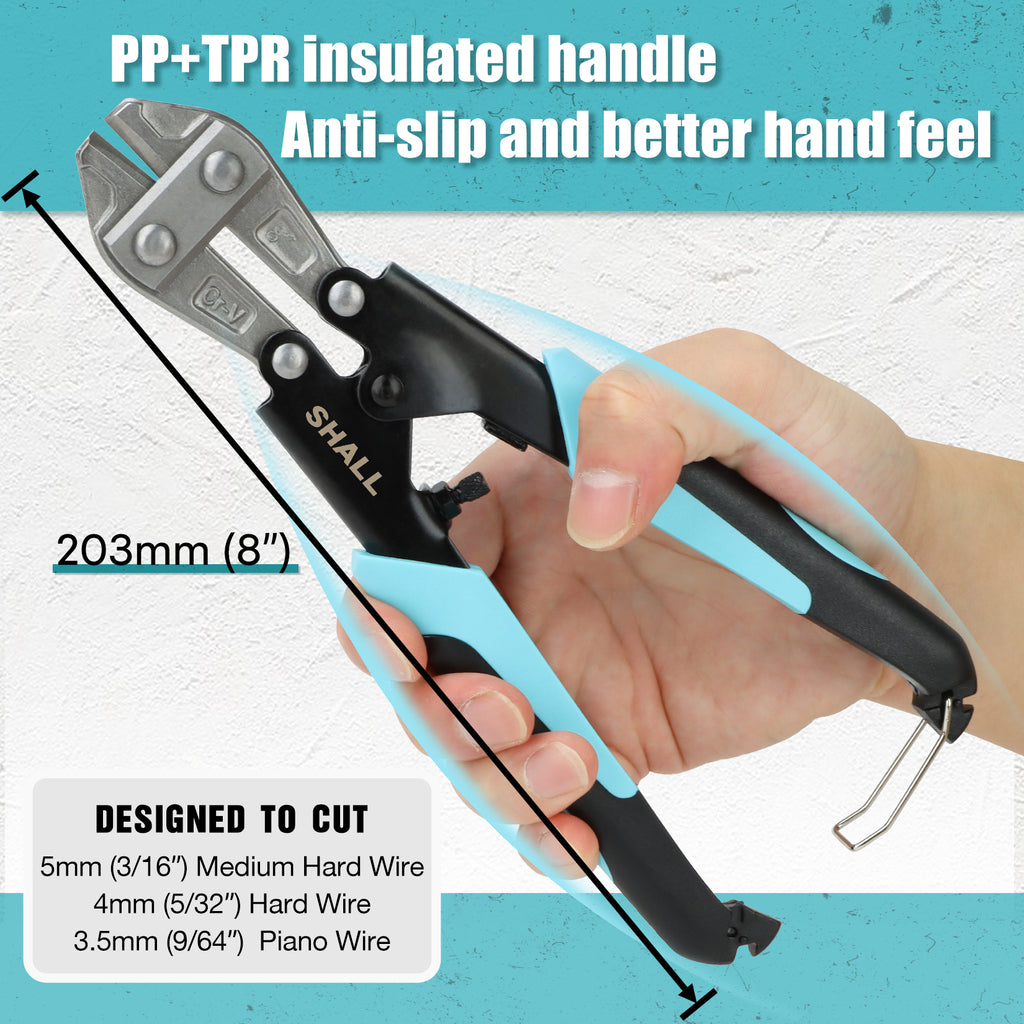 SHALL Mini Bolt Cutter, 210mm/8-inch Heavy Duty Wire Cutter, Two-Color Ergonomic Handle, Security Lock, More Efficient Leverage & Adjustable Opening, Belt Bag Included