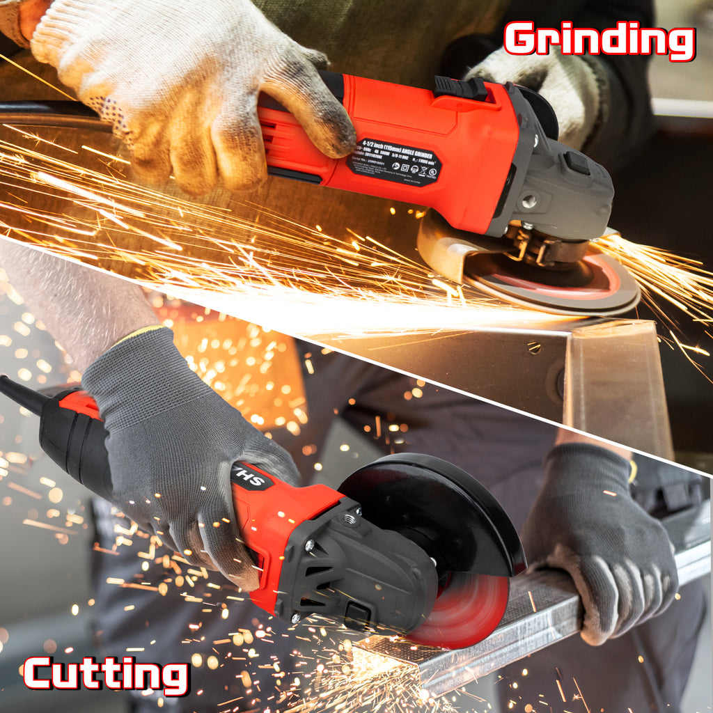 SHALL 4-1/2 Inch 11000 RPM Angle Grinder 4Amp with 2 Guards, 3 Cutting Discs, 3 Grinding Wheel, Non-Slip Handle, Wrench and Carbon Brush for Metal and Wood
