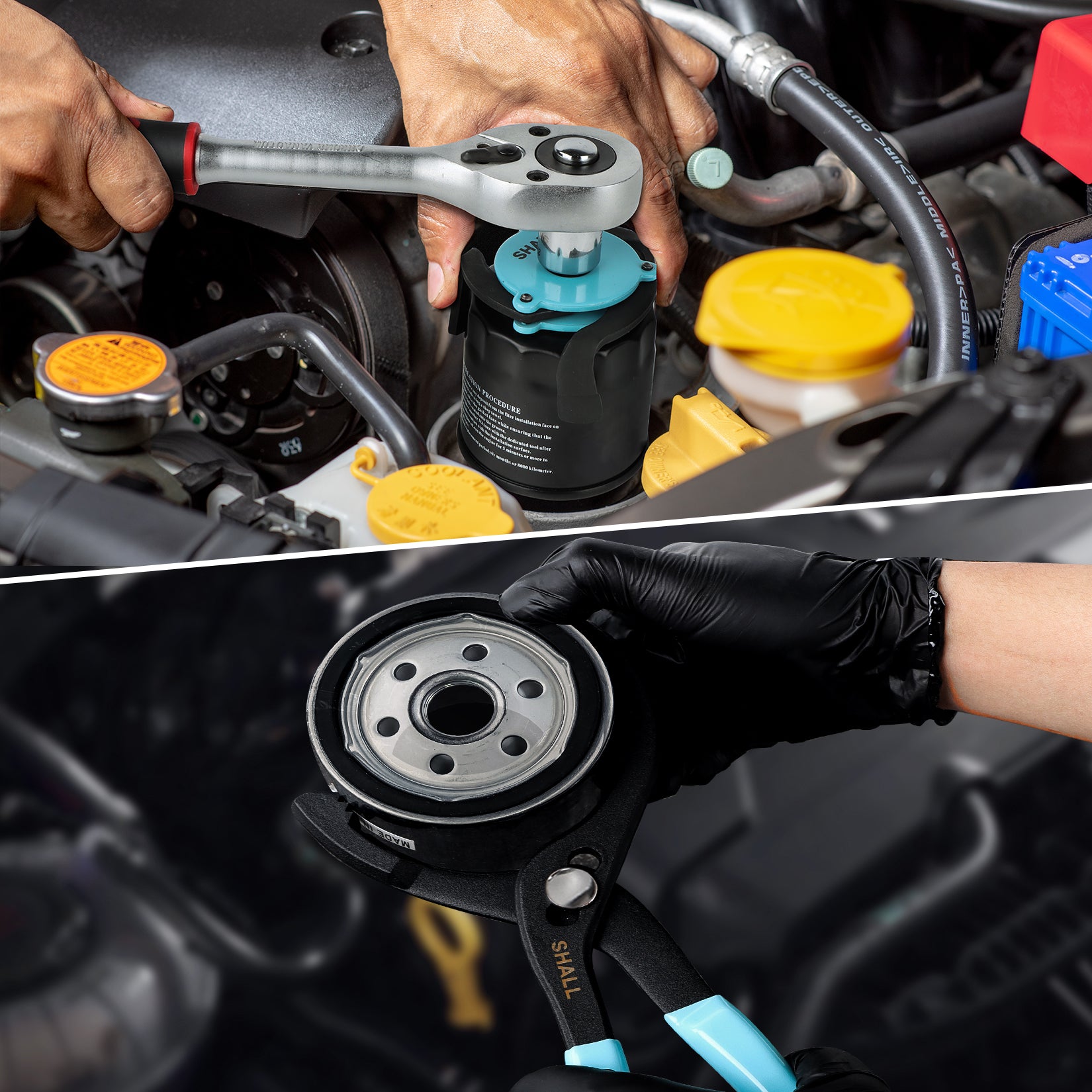 SHALL 4-Piece Oil Filter Removal Tool, Universal 3-Jaw Oil Filter Wrench, 12 Inch Adjustable Metal Oil Filter Pliers, 2-Piece Adapters & PVC Gloves Included, for Cars, Motorcycles