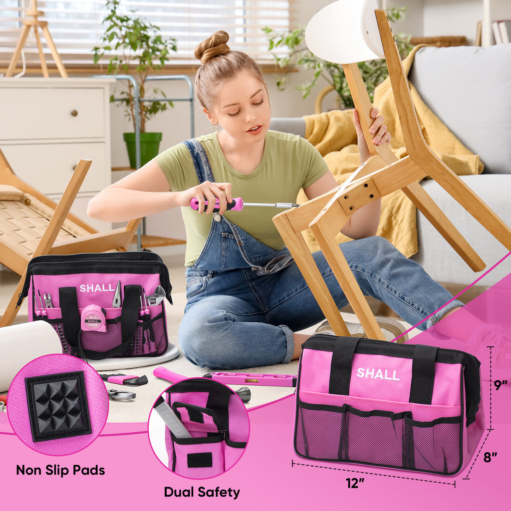 SHALL Pink Tool Set for Women, 166pcs Home Tool Kit with 12" Large Tool Bag Organizer