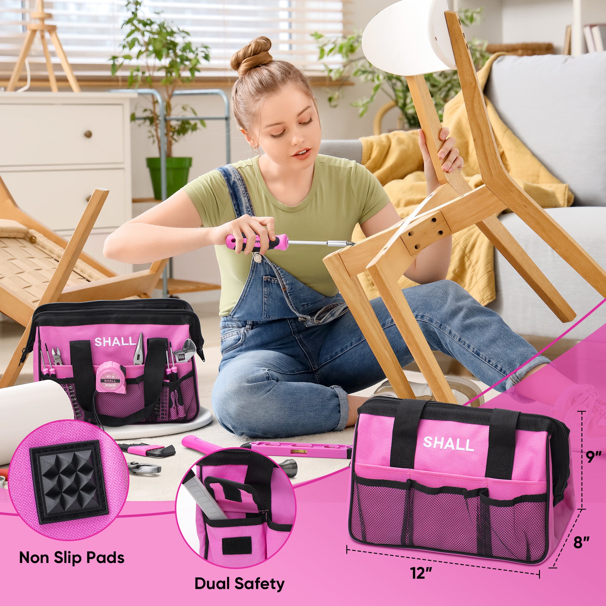 SHALL Pink Tool Set for Women, 166pcs Home Tool Kit with 12" Large Tool Bag Organizer
