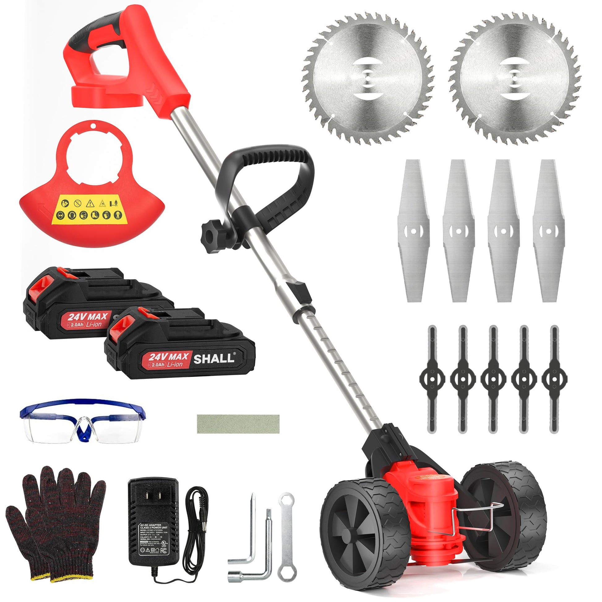 SHALL 24V Cordless Weed Wacker, 3-in-1 Electric Weed Eater Grass String Trimmer Edger, Telescopic Brush Cutter, 2 x 2.0Ah Battery Powered Lawn Mower with 3 Types Blades & Wheels for Yard Garden