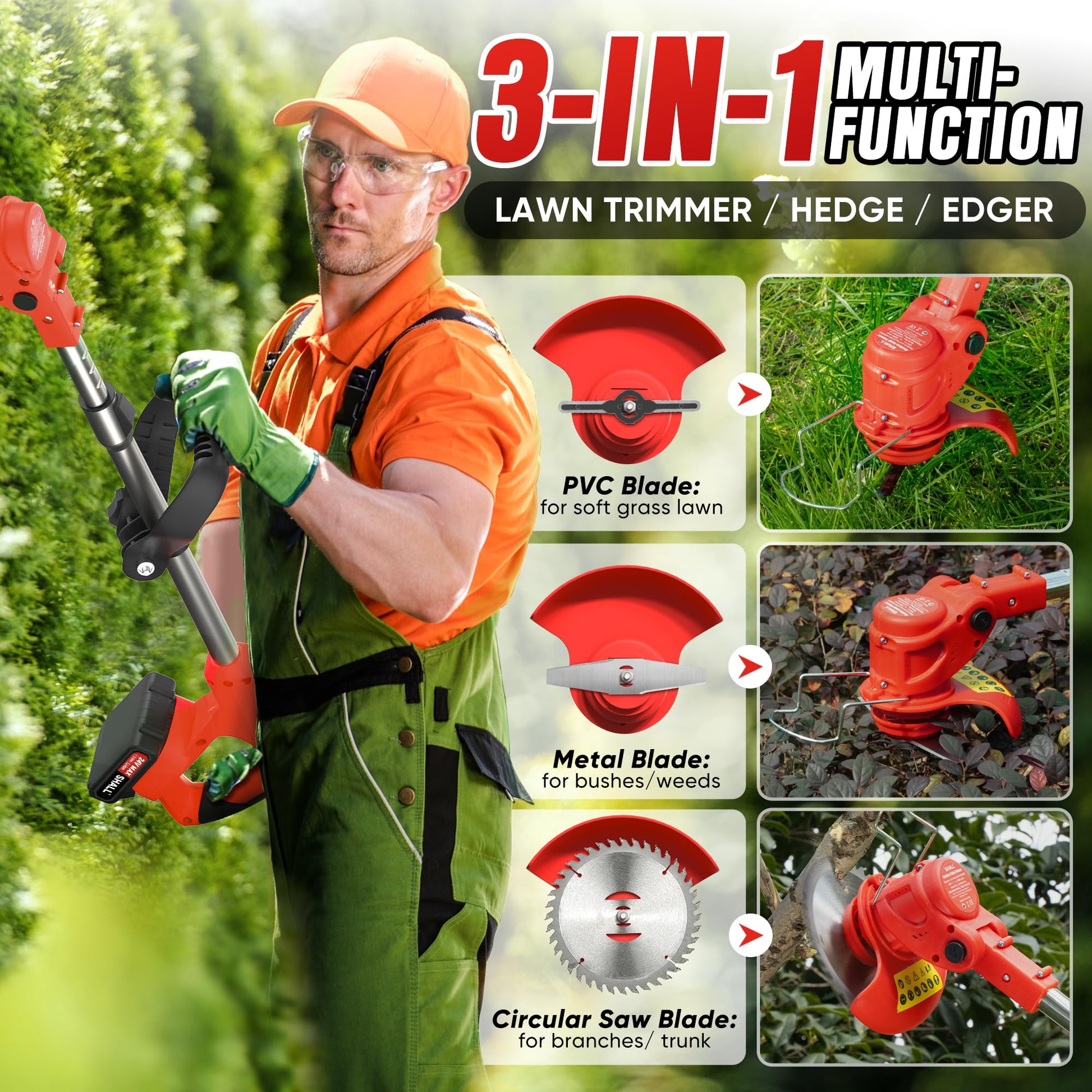 SHALL 24V Cordless Weed Wacker, 3-in-1 Electric Weed Eater Grass String Trimmer Edger, Telescopic Brush Cutter, 2 x 2.0Ah Battery Powered Lawn Mower with 3 Types Blades & Wheels for Yard Garden