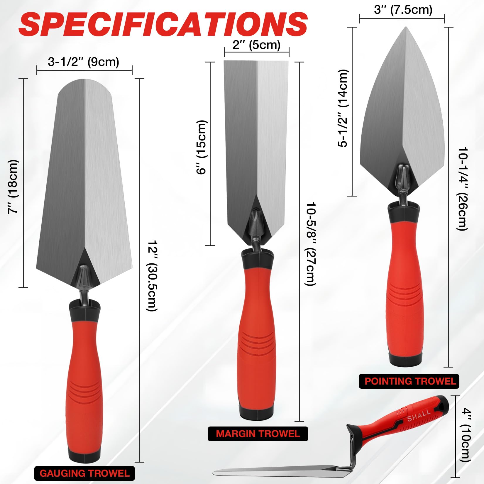 SHALL 3-Piece Masonry Tools Set, 6’’ Margin Trowel, 5.5’’ Pointing and 7’’ Gauging Trowel with Soft Grip Handle, Bricklaying Hand Tool for Concrete, Cement, Plaster, Tile Construction Projects
