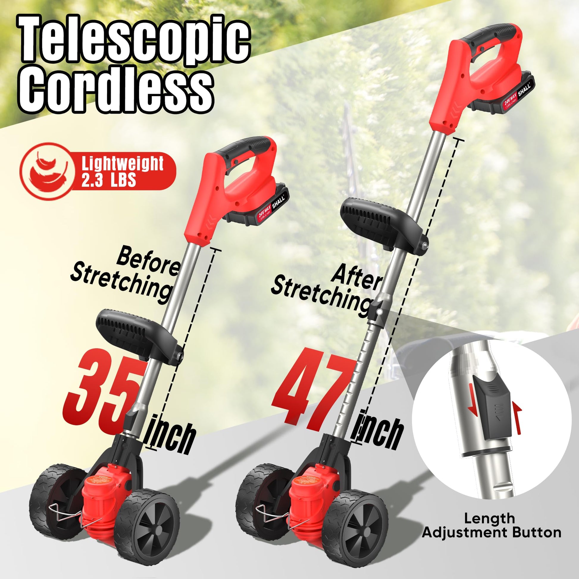 SHALL 24V Cordless Weed Wacker, 3-in-1 Electric Weed Eater Grass String Trimmer Edger, Telescopic Brush Cutter, 2 x 2.0Ah Battery Powered Lawn Mower with 3 Types Blades & Wheels for Yard Garden