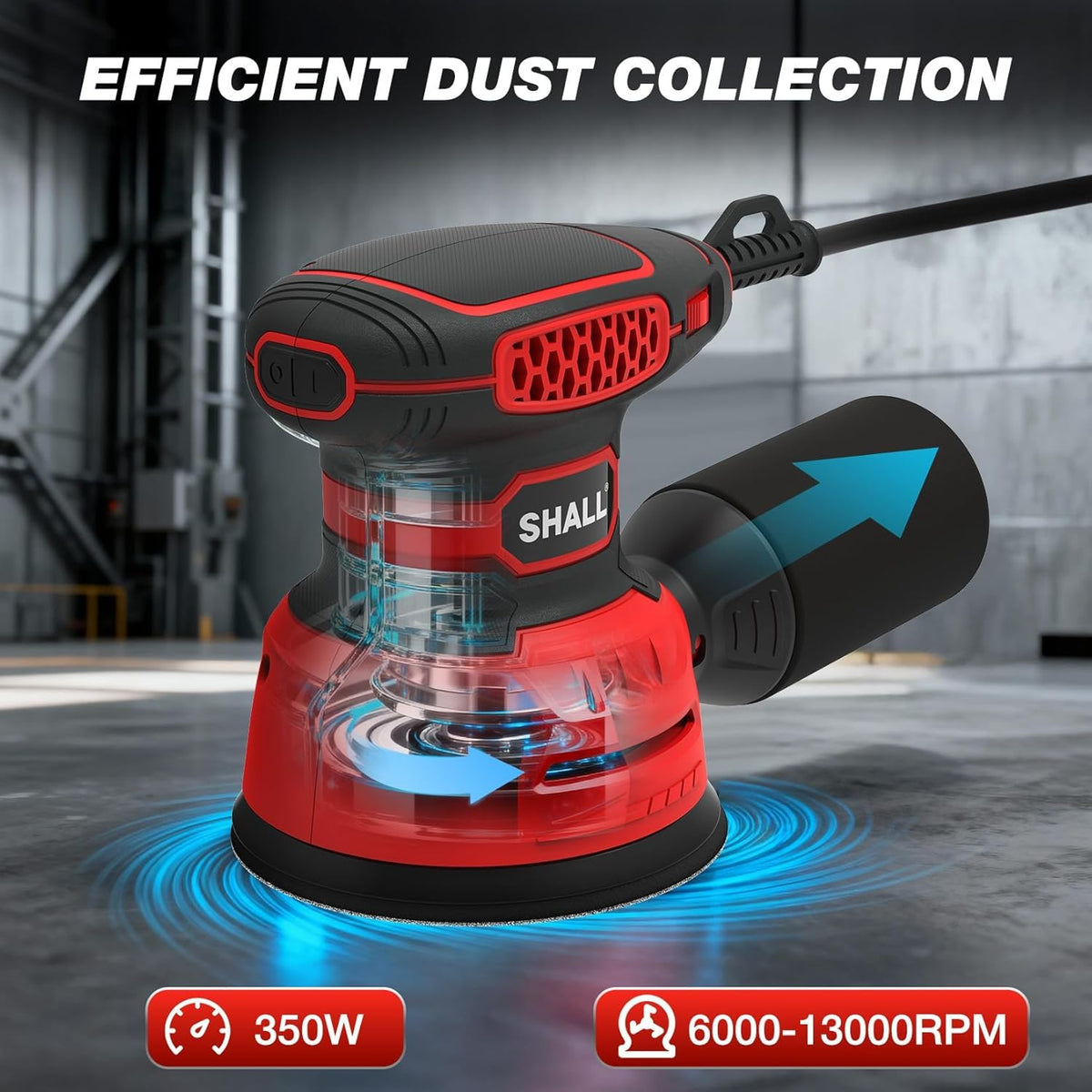 SHALL 5-Inch Random Orbital Sander, 3.2 AMP - 6 variable Speeds - Max 13000 RPM, with 30pcs Sandpaper & Detachable Dust Bag, Sanding for Polishing Woodworking, Refinish Furniture & Remove Varnish