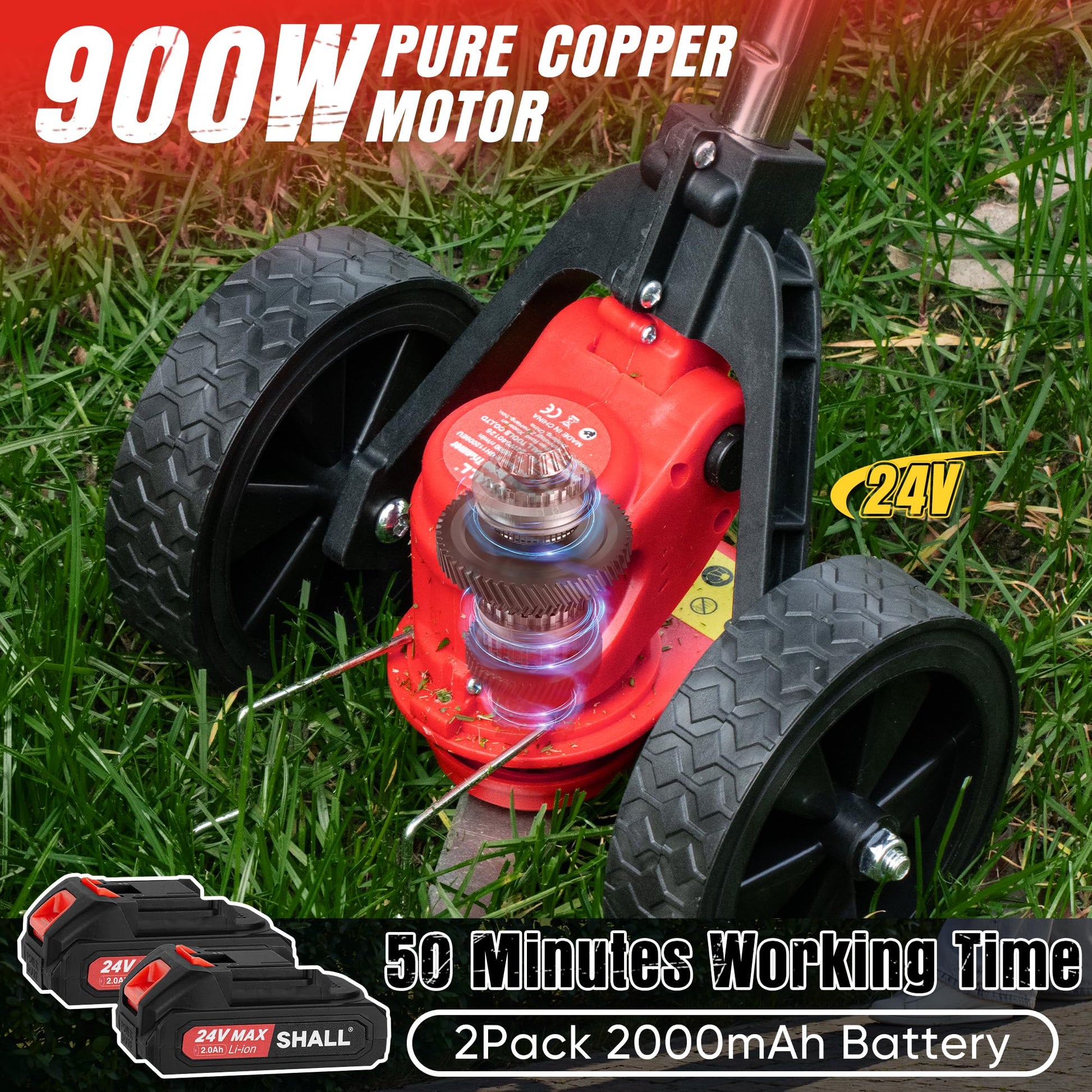 SHALL 24V Cordless Weed Wacker, 3-in-1 Electric Weed Eater Grass String Trimmer Edger, Telescopic Brush Cutter, 2 x 2.0Ah Battery Powered Lawn Mower with 3 Types Blades & Wheels for Yard Garden