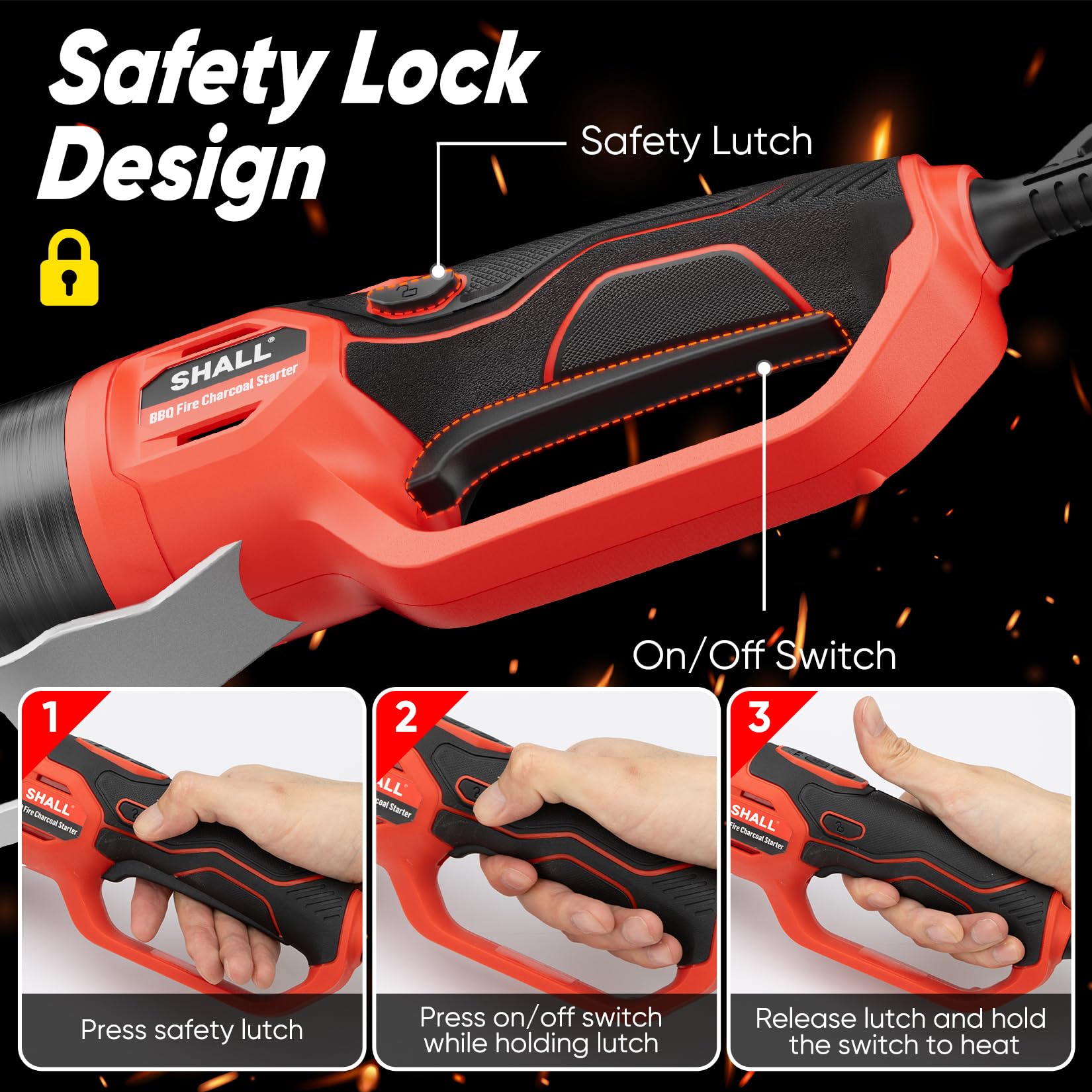 SHALL Electric Charcoal Starter Fire Lighter with Air Blower, 60S Rises to 1100℉ Chemical Free Heated for BBQ Smoker, Grill Starter, Wood Burning Fireplaces & Fire Pits | 4ft Cable