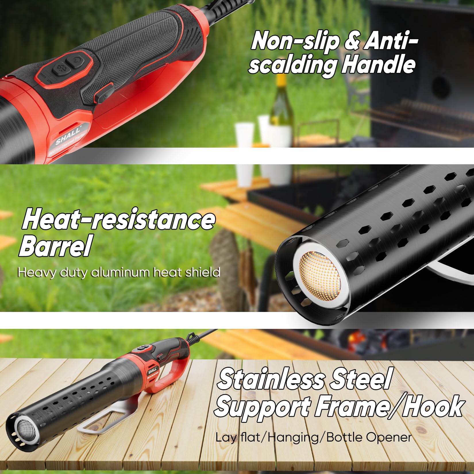 SHALL Electric Charcoal Starter Fire Lighter with Air Blower, 60S Rises to 1100℉ Chemical Free Heated for BBQ Smoker, Grill Starter, Wood Burning Fireplaces & Fire Pits | 4ft Cable