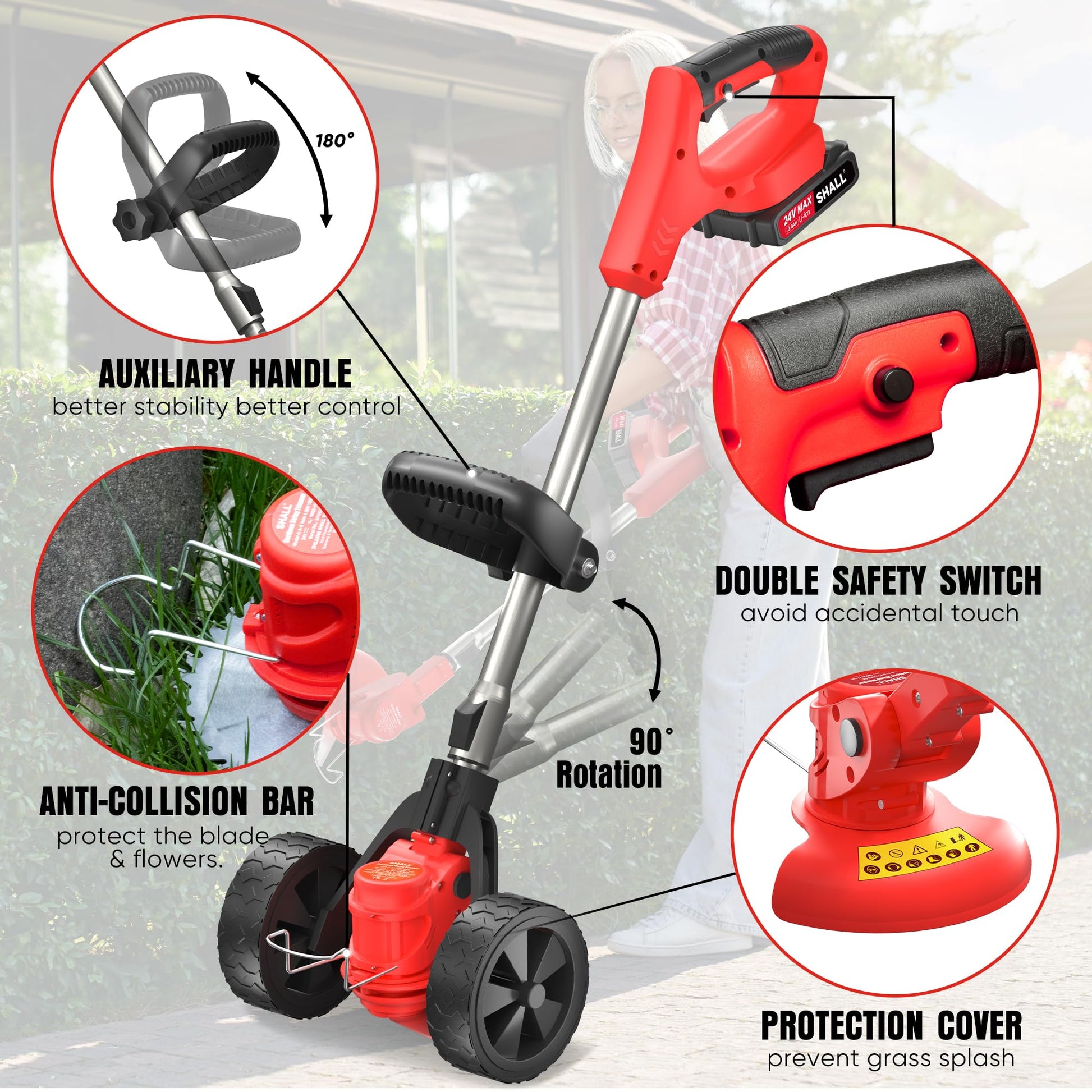 SHALL 24V Cordless Weed Wacker, 3-in-1 Electric Weed Eater Grass String Trimmer Edger, Telescopic Brush Cutter, 2 x 2.0Ah Battery Powered Lawn Mower with 3 Types Blades & Wheels for Yard Garden