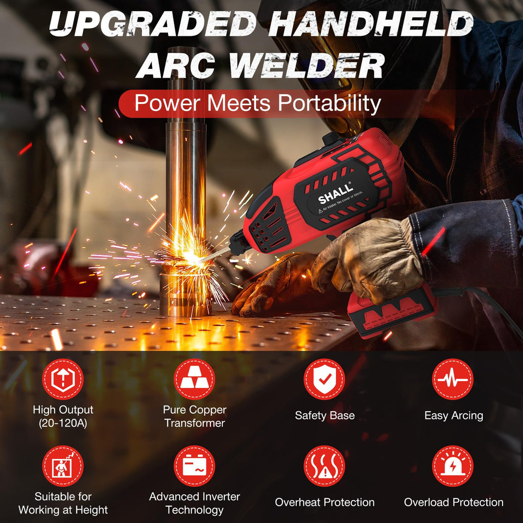 SHALL Portable Electric Welding Machine, 110V Handheld ARC Welder with IGBT Inverter, 0-120 Amp Adjustment Current for 1/16''-1/8'' Welding Rods