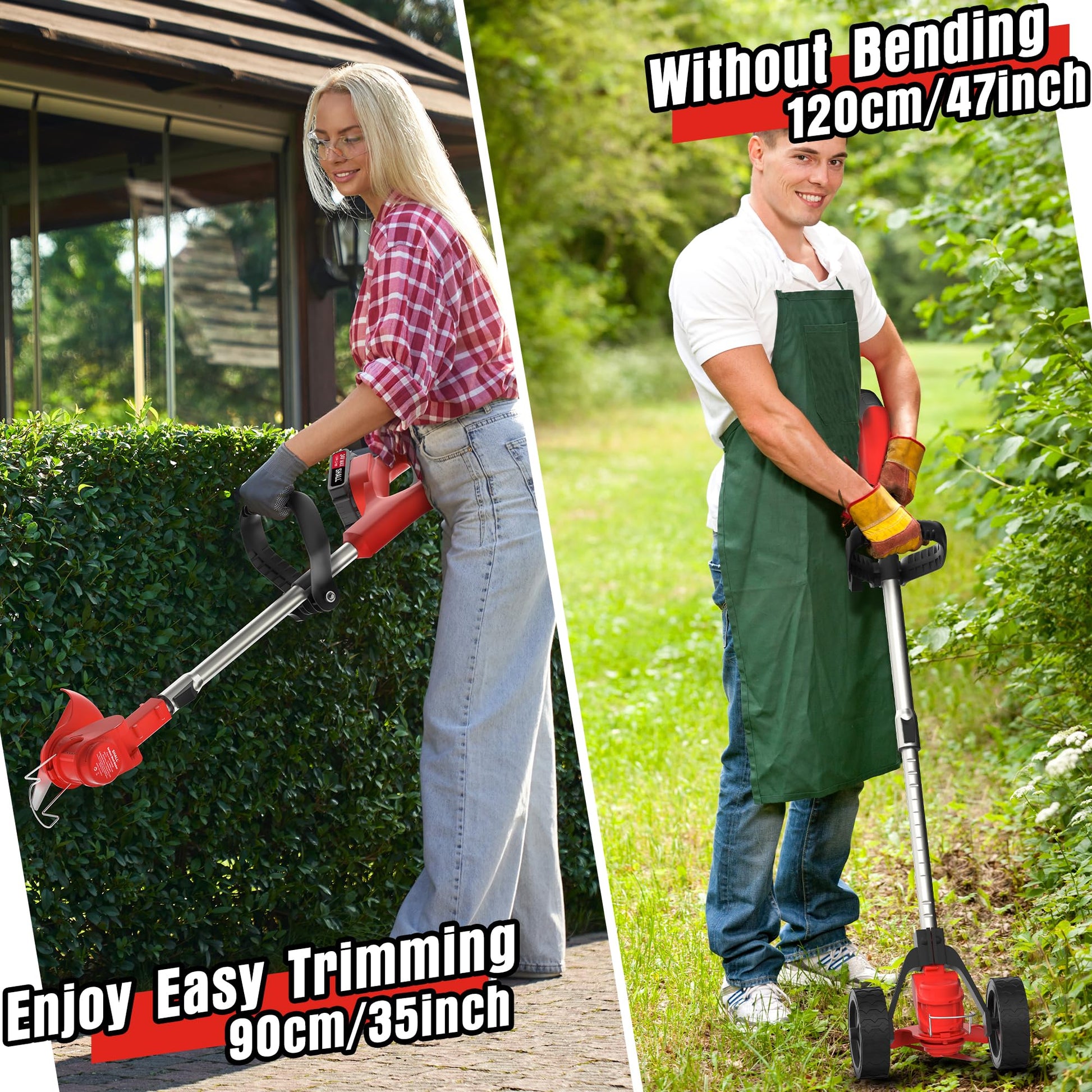 SHALL 24V Cordless Weed Wacker, 3-in-1 Electric Weed Eater Grass String Trimmer Edger, Telescopic Brush Cutter, 2 x 2.0Ah Battery Powered Lawn Mower with 3 Types Blades & Wheels for Yard Garden