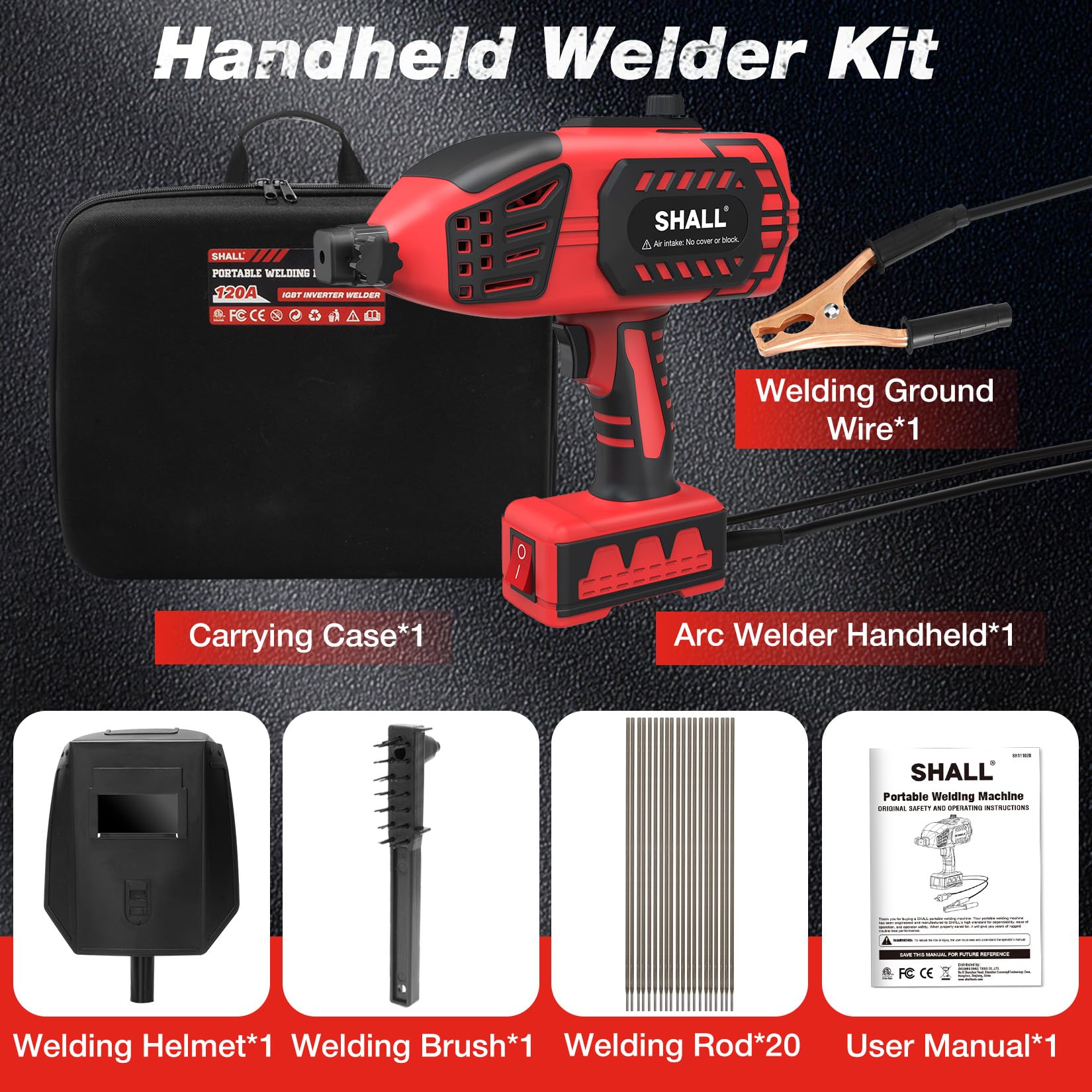 SHALL Portable Electric Welding Machine, 110V Handheld ARC Welder with IGBT Inverter, 0-120 Amp Adjustment Current for 1/16''-1/8'' Welding Rods
